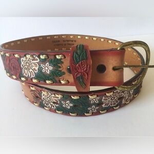VINTAGE Floral Roses Tan Country Cowgirl Tan Leather Belt